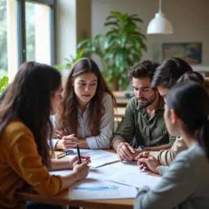 Grupo diversificado trabalhando em um plano de negócios em um espaço de co-working brasileiro.