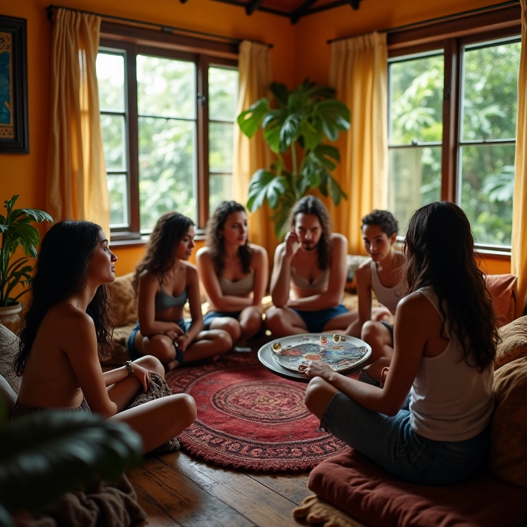 Grupo diverso analisando a compatibilidade dos signos em um ambiente aconchegante.