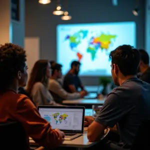 Grupo diverso analisando dados em espaço de co-working brasileiro vibrante.