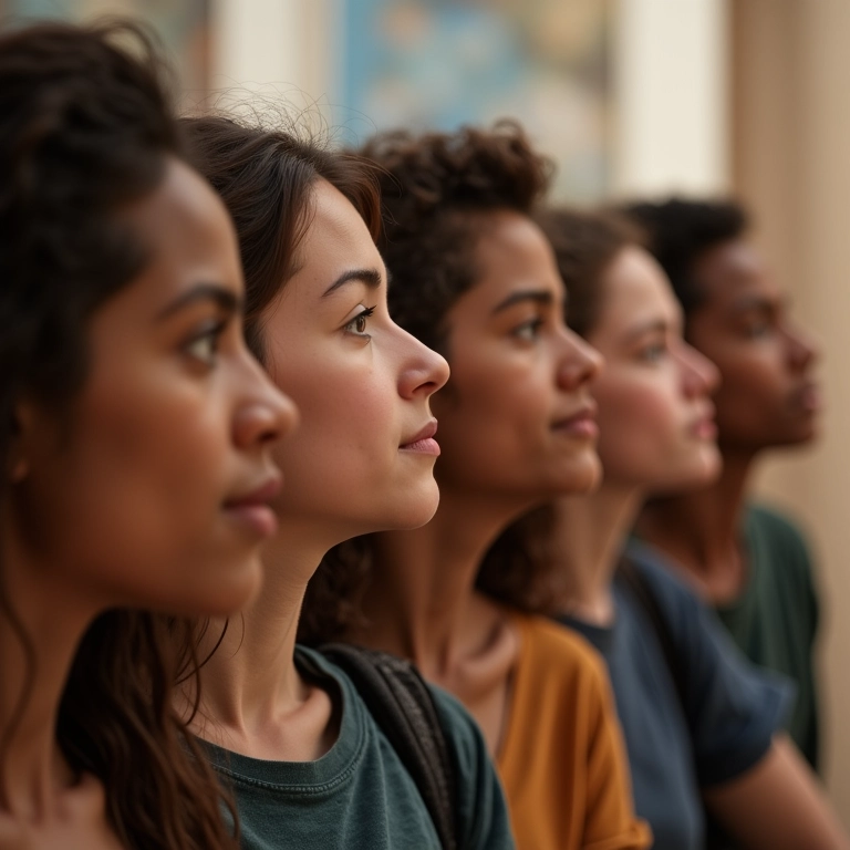 Grupo diverso apreciando a beleza em uma galeria de arte.