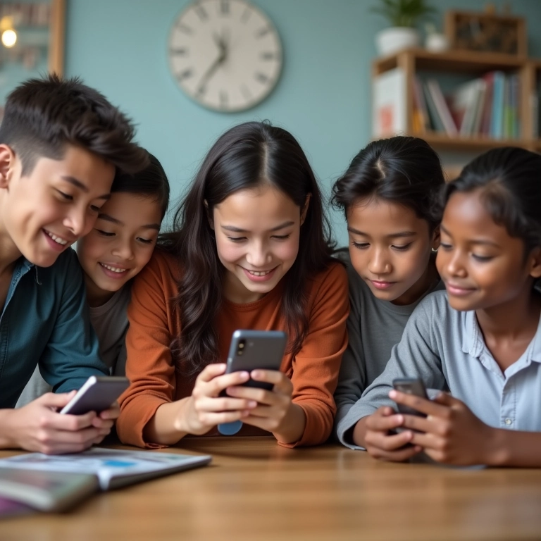 Grupo diverso aprendendo inglês e mandarim com tecnologia, representando acessibilidade e facilidade de aprendizado.