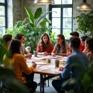 Grupo diverso brainstorming em espaço de coworking brasileiro vibrante.