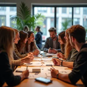 Oportunidades na Economia Compartilhada Para Novos Negócios Grupo diverso colaborando em um espaço de coworking vibrante, idealizando startups na economia compartilhada.