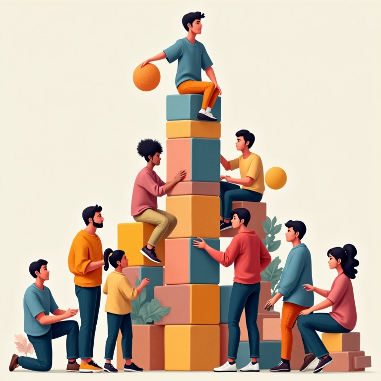 Grupo diverso construindo uma torre, representando a construção de um sistema mais justo.