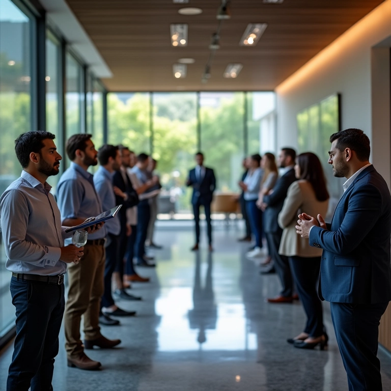 Grupo diverso consultando arquiteta para um canal de denúncias eficaz.