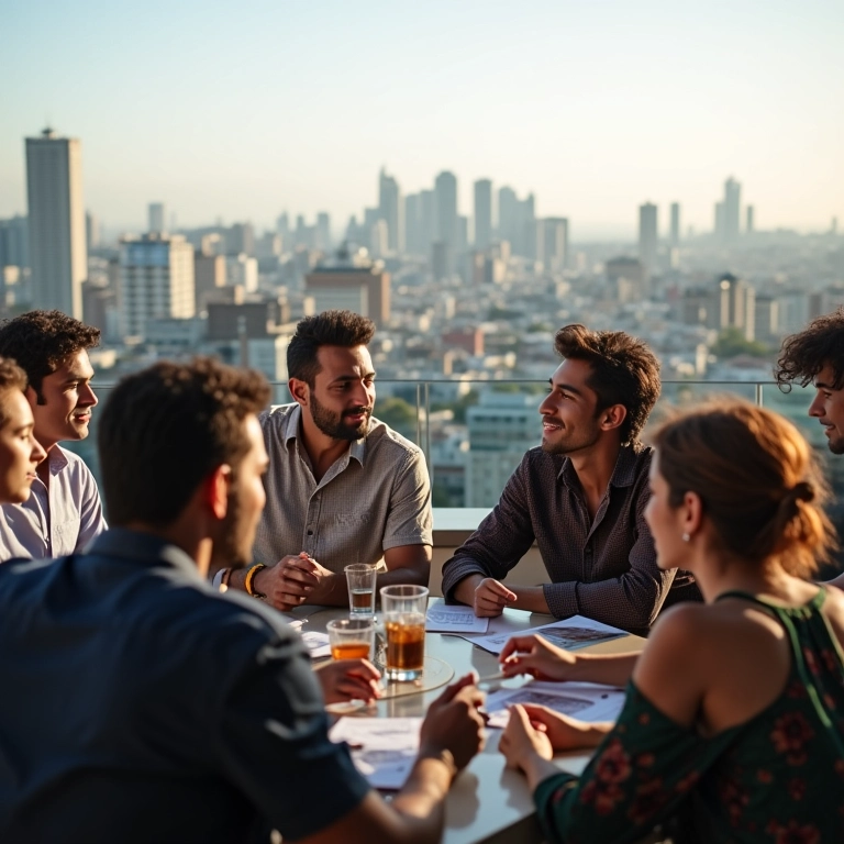 Grupo diverso de amigos brasileiros discutindo estratégias de investimento em varanda com vista para a cidade.