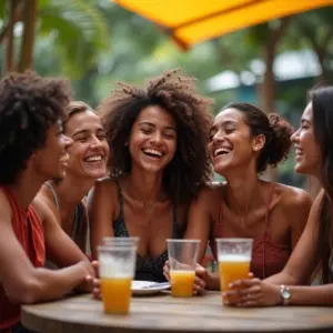 Grupo diverso de amigos brasileiros rindo em um café ao ar livre vibrante.
