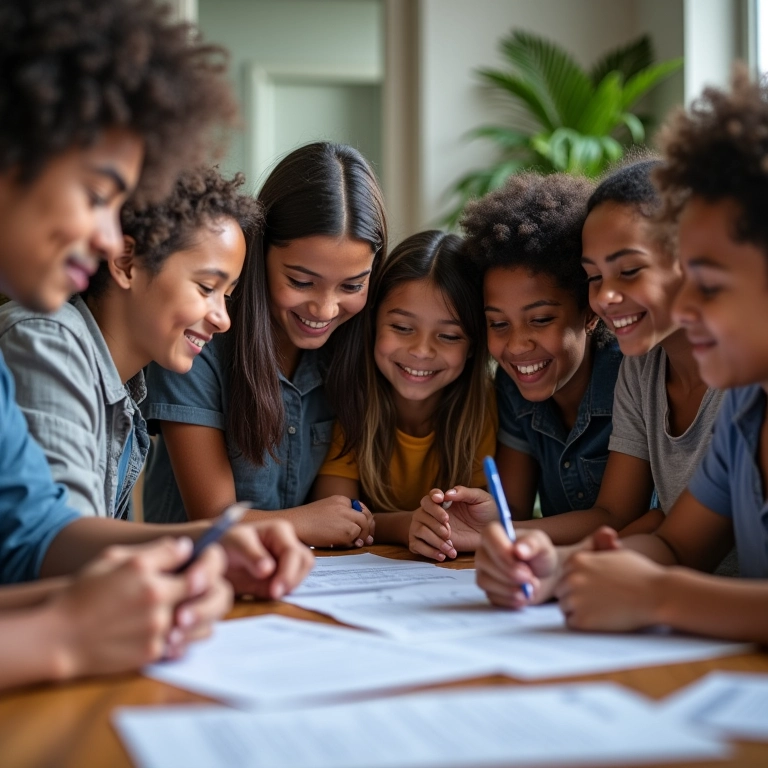 Grupo diverso de brasileiros analisa documentos de financiamento com um sorriso.