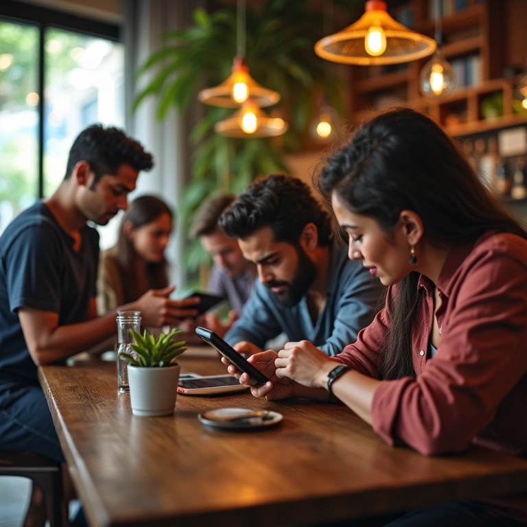 Grupo diverso de brasileiros usando dispositivos em café, representando público-alvo.