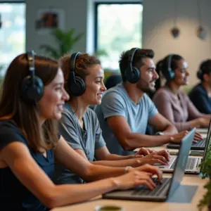 Grupo diverso de dubladores trabalhando em conjunto, ambiente moderno.