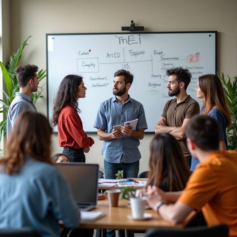 Grupo diverso de empreendedores brasileiros discutindo as vantagens do MEI.