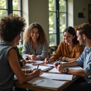 Grupo diverso de empreendedores brasileiros discutindo estratégias financeiras em um escritório estilo Farm Rio.
