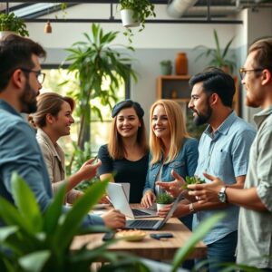 Grupo diverso de empreendedores brasileiros em networking em um espaço de coworking vibrante.