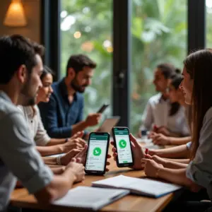 Descubra Como Vender Pelo WhatsApp de Forma Profissional Grupo diverso de empreendedores brasileiros usando WhatsApp Business para vendas online.
