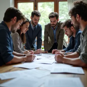 Grupo diverso de empreendedores discutindo patentes para proteger suas invenções em uma mesa.