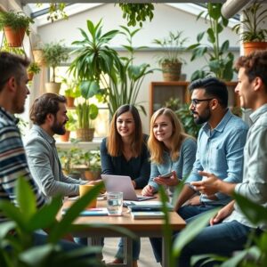 Grupo diverso de empreendedores em brainstorming para negócios sustentáveis.