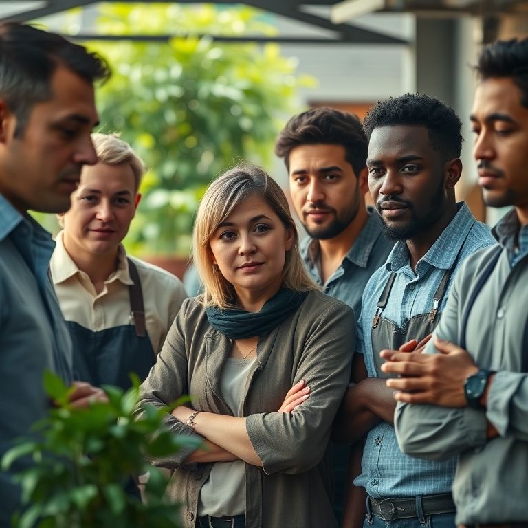 Grupo diverso de empreendedores estressados, enfrentando desafios de negócio sustentável.