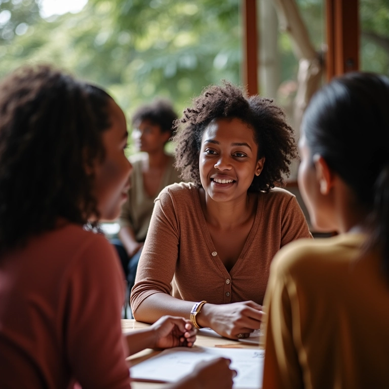 Grupo diverso de mulheres apoiando umas às outras durante um workshop, compartilhando ideias e se empoderando mutuamente.