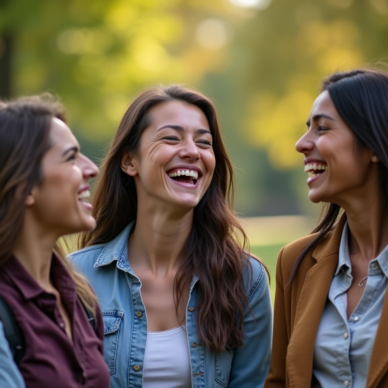 Grupo diverso de mulheres rindo juntas durante uma caminhada em um parque.