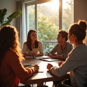 PNL e finanças: Programe sua mente para a riqueza Grupo diverso de pessoas discutindo finanças em casa brasileira.