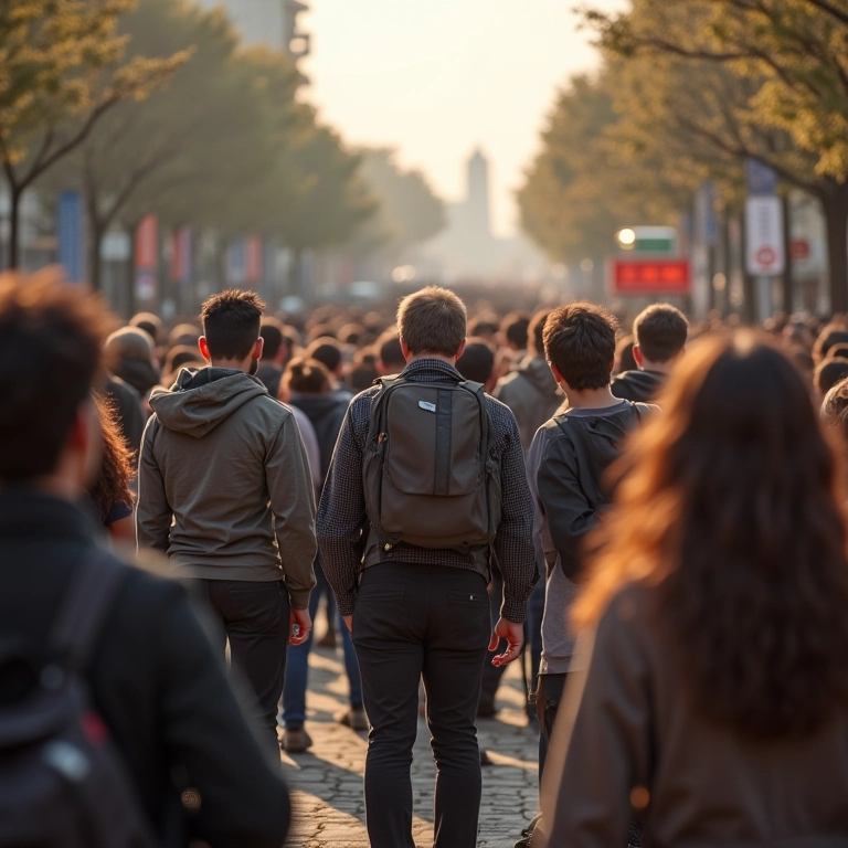Grupo diverso de pessoas interagindo em uma praça pública.