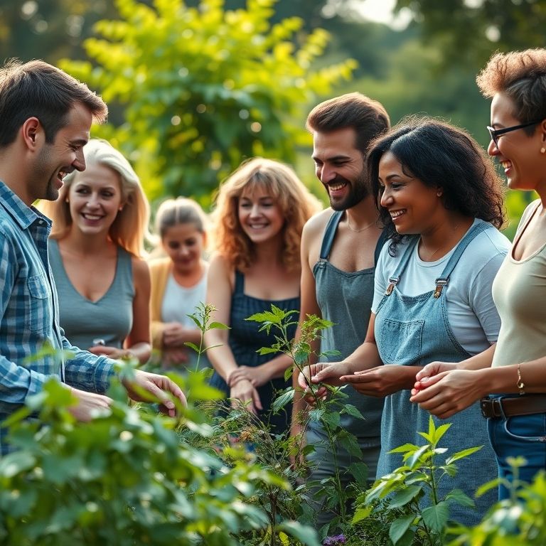 Grupo diverso de pessoas jardinando juntas, rindo e conversando, promovendo a socialização e o convívio.