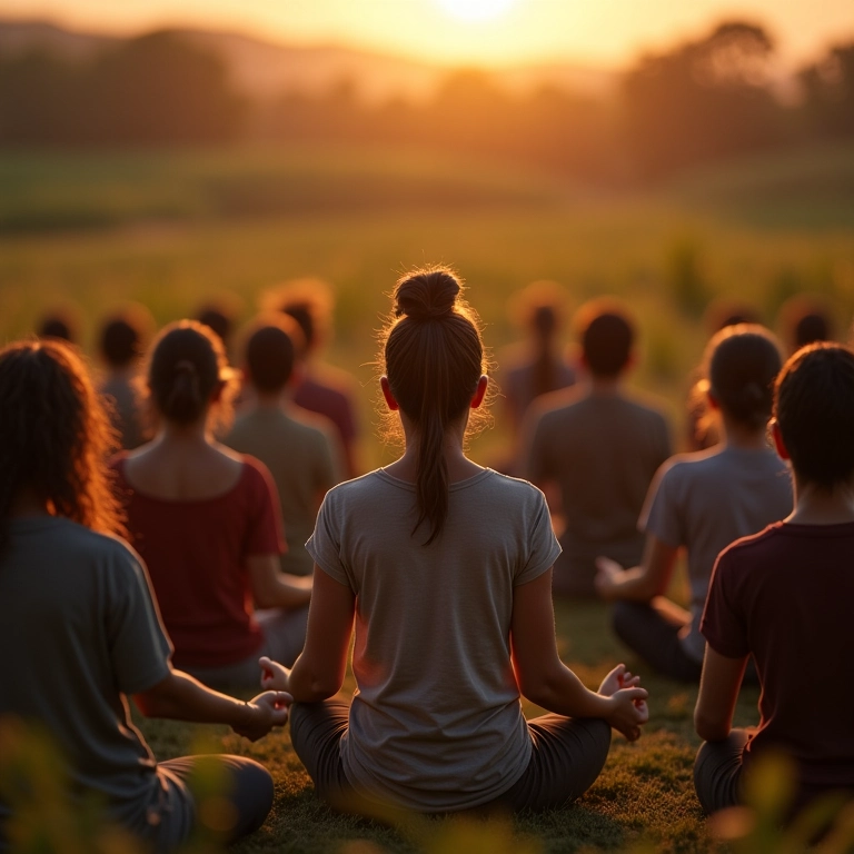 Grupo diverso de pessoas meditando, representando a acessibilidade da viagem astral.