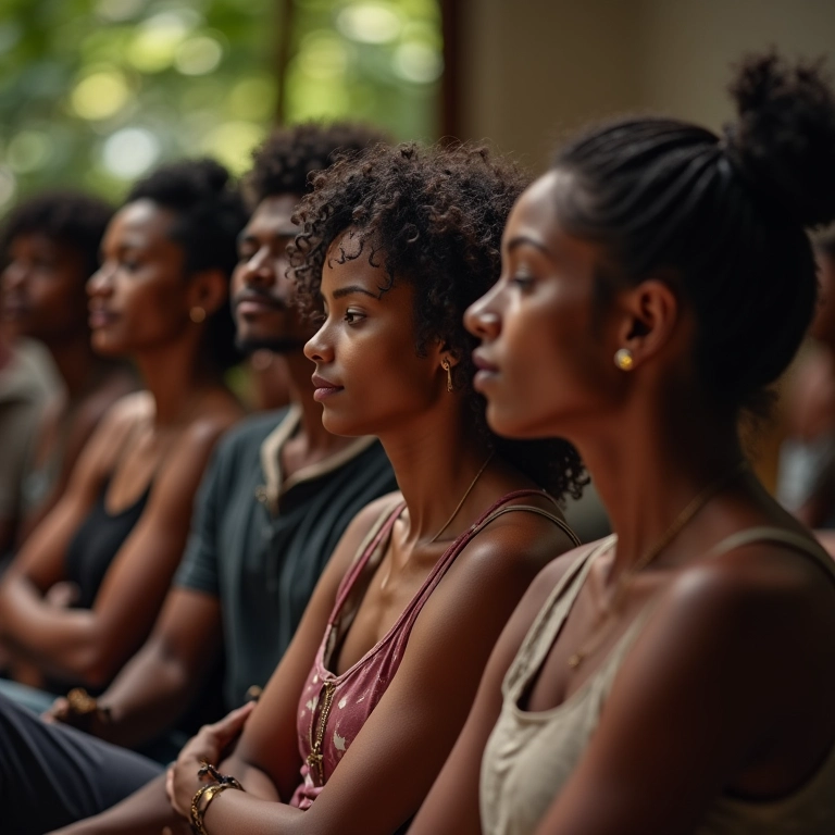 Grupo diverso de pessoas participando de um workshop, com foco nas mulheres apoiando um homem.