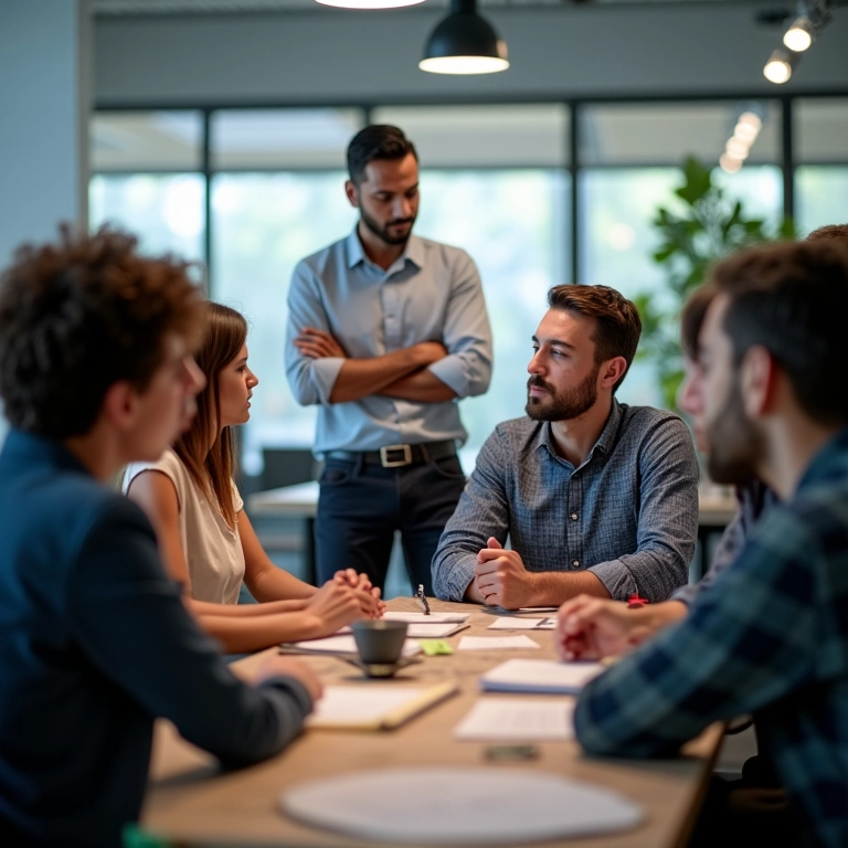Grupo diverso de profissionais discutindo a metodologia scrum com um scrum master.