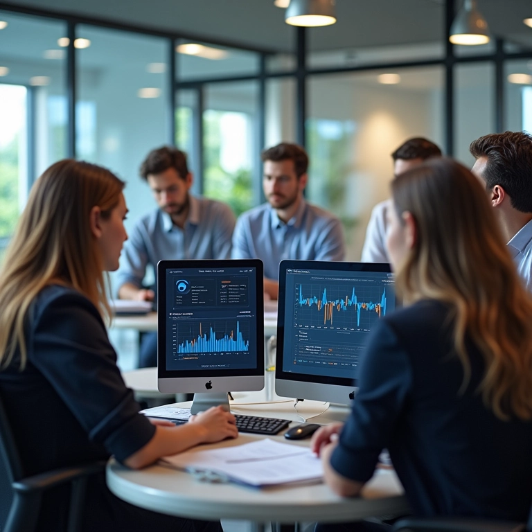 Grupo diverso de profissionais usando software de estatística preditiva.