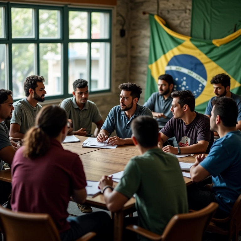 Grupo diverso de trabalhadores discutindo opções de greve em sindicato.
