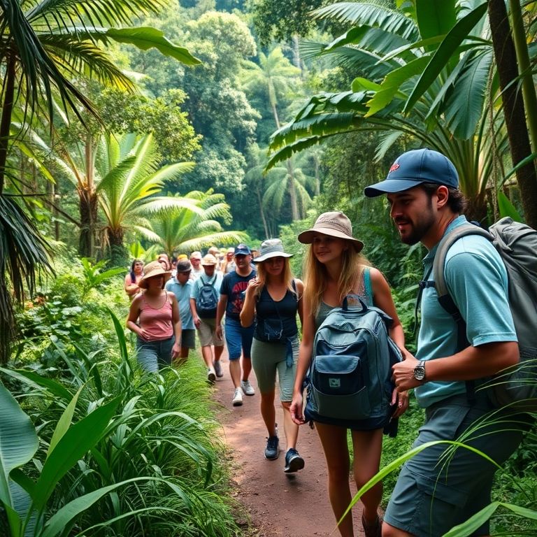 Grupo diverso de turistas caminhando em floresta tropical brasileira.