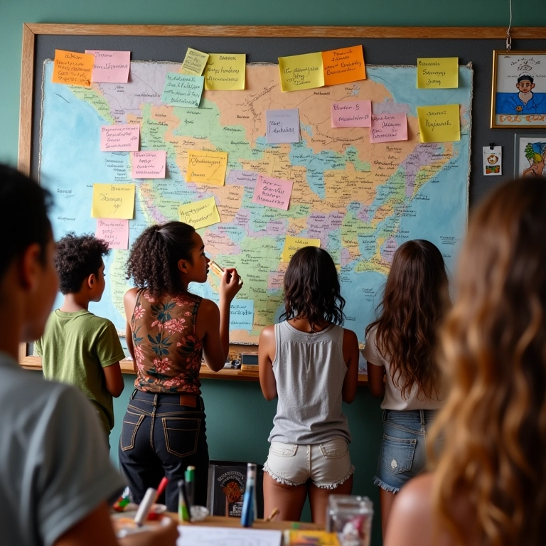 Grupo diverso definindo metas em um quadro de visão, representando o alinhamento de objetivos com o autoconhecimento.