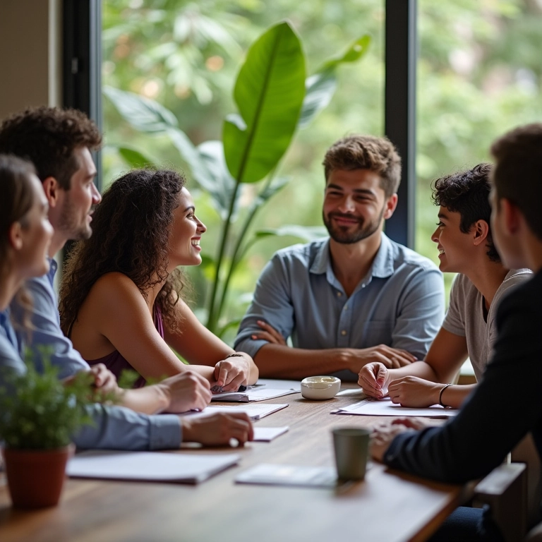Grupo diverso discutindo fundos de renda fixa conservadores em mesa.