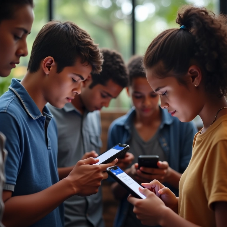 Grupo diverso interagindo com Facebook em seus celulares.
