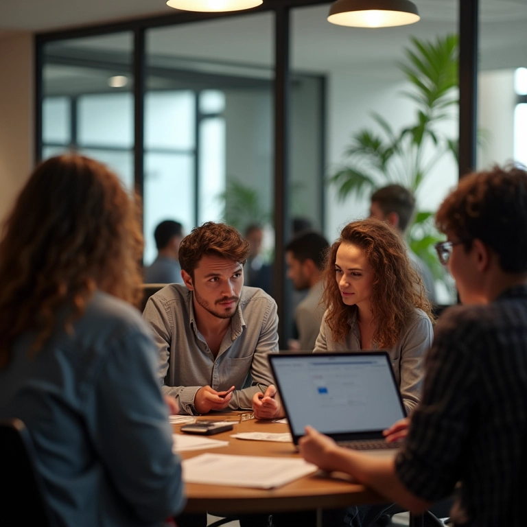 Grupo diverso participando de um workshop sobre ética e fortalecimento da cultura da empresa.
