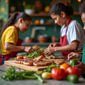 Grupo diverso preparando receitas rápidas e econômicas com atum em lata em cozinha vibrante.