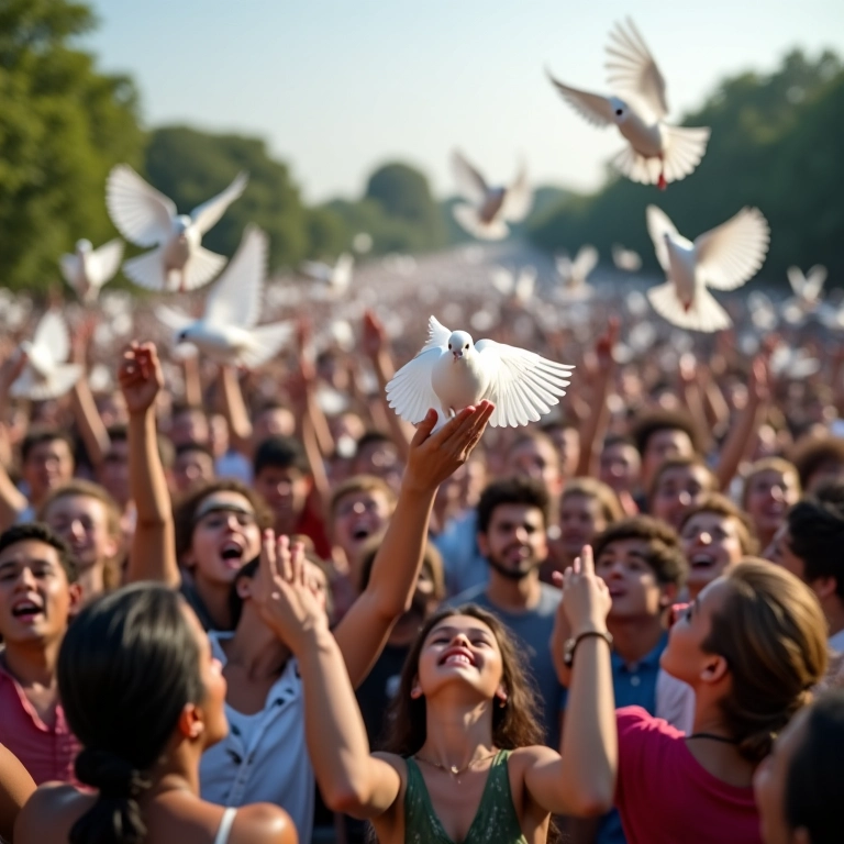 Grupo diverso soltando pombas brancas, simbolizando tolerância.