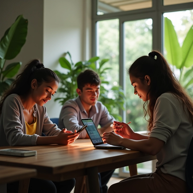 Grupo diverso utilizando tecnologia de forma consciente, integrando o jejum de dopamina.