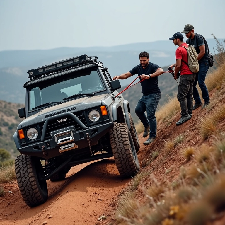 Grupo off-road usando guincho para segurança.