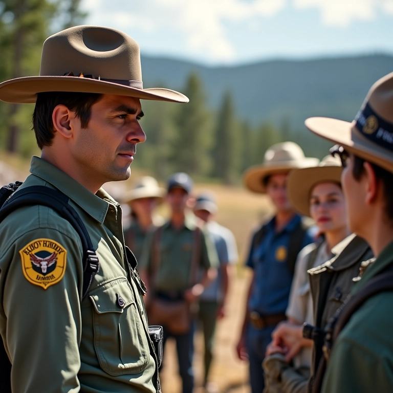 Guarda florestal explicando os esforços de conservação em Yellowstone.