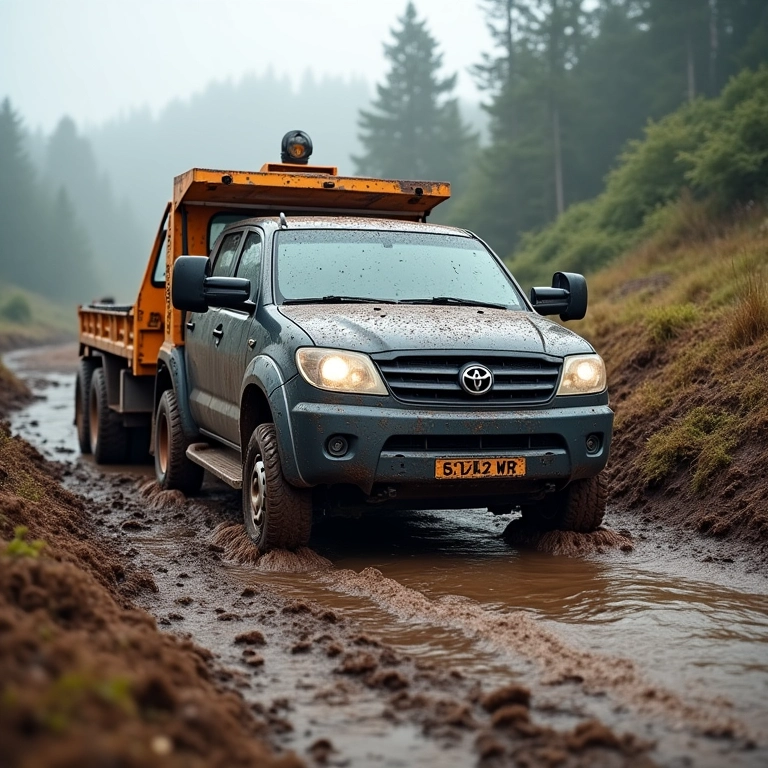 Guincho resgatando carro atolado na lama.