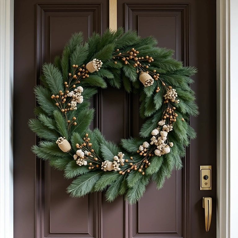 Guirlanda de Natal personalizada com elementos naturais na porta de uma casa brasileira.