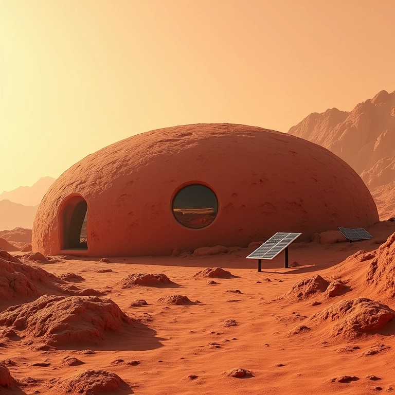 Habitat marciano construído com poeira compactada.