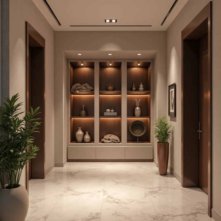 Hall de entrada com nichos e prateleiras organizando com estilo.
