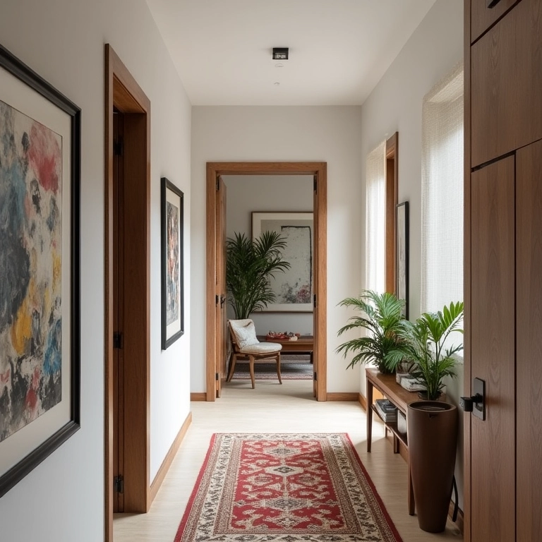 Hall de entrada com quadros e fotos contando uma história.