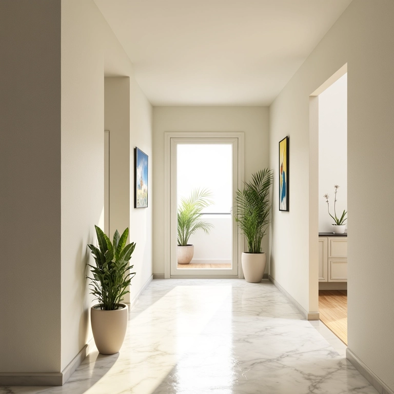 Hall de entrada de apartamento com cores claras ampliando o espaço.