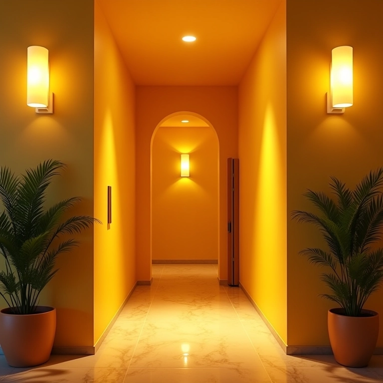 Hall de entrada de apartamento com iluminação aconchegante e cores quentes.