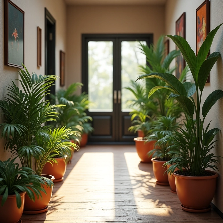 Hall de entrada de apartamento com plantas verdes e vasos decorativos.