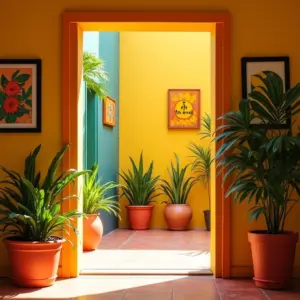 Hall de entrada de apartamento vibrante com decoração brasileira e plantas.